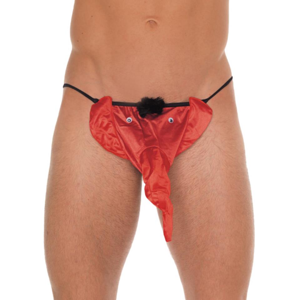 Mens Black GString With Red Elephant Animal Pouch