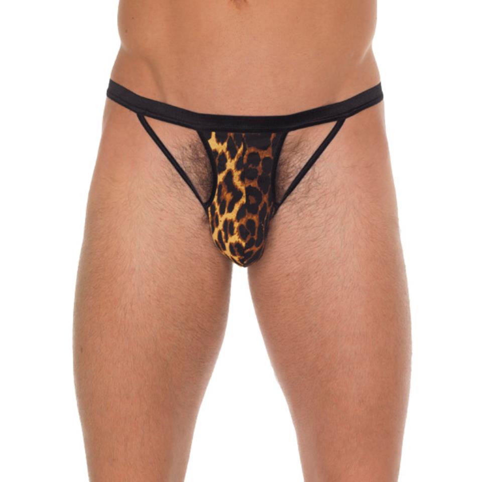 Mens Black GString With Black Straps To Animal Print Pouch