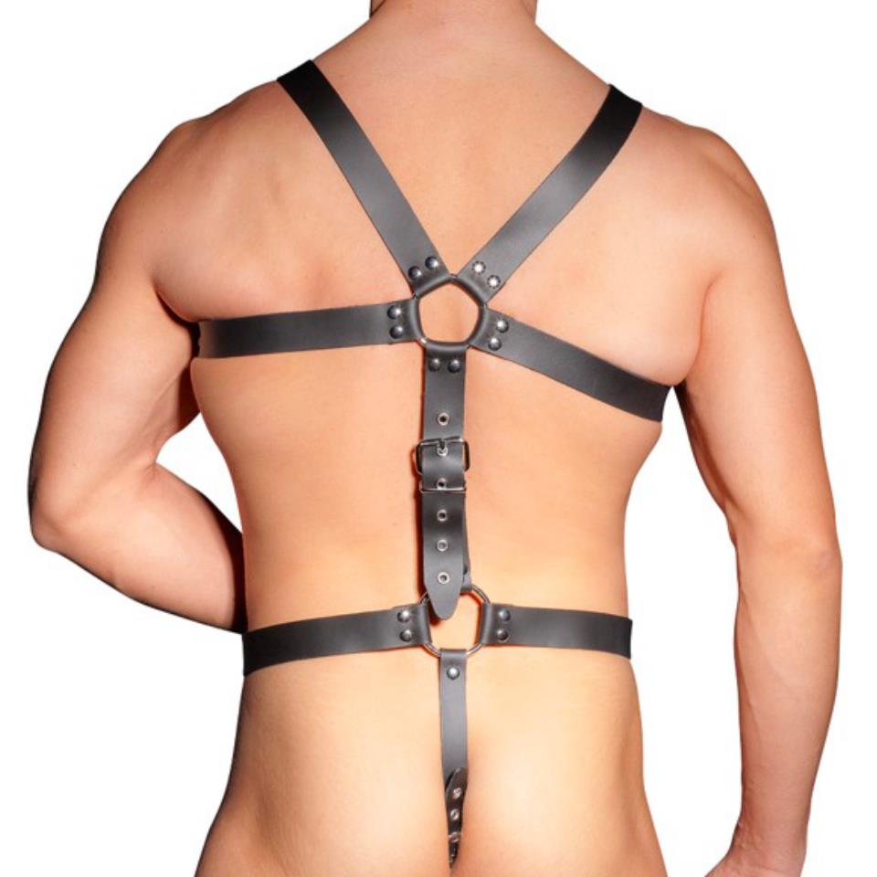 Zado Mens Leather Adjustable Harness With Cock Ring