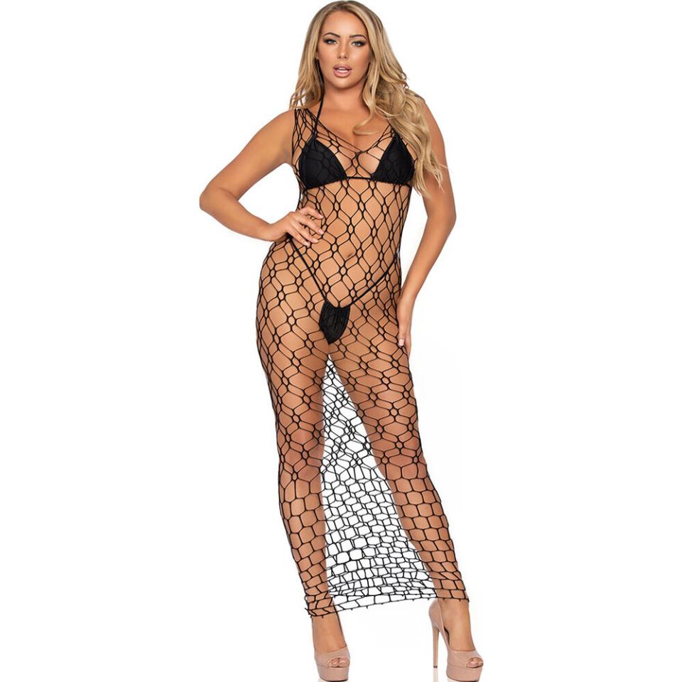 Leg Avenue Hexi Net Maxi Dress Black UK 6 to 12