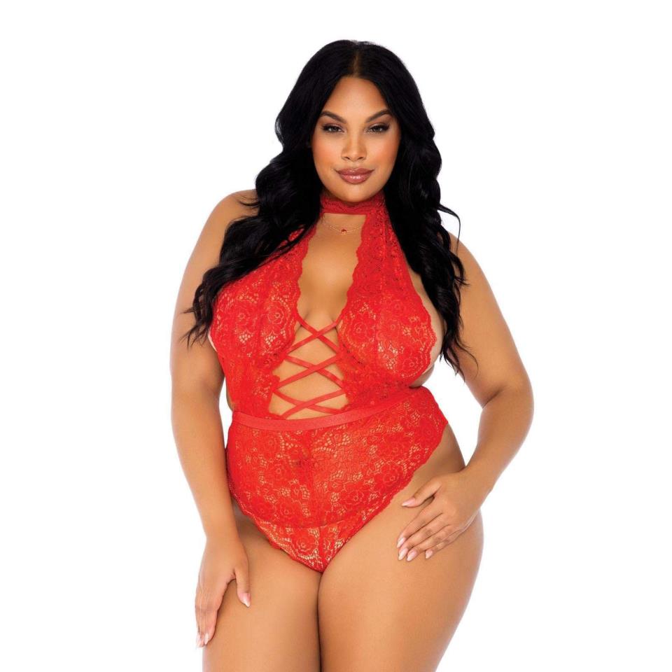 Leg Avenue Floral Lace Crotchless Teddy Red UK 14 to 18